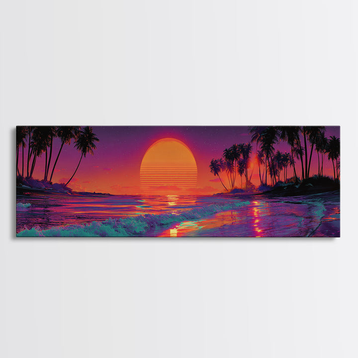 Tropical Sunset Beach With Palms And Waves, Coastal Wall Art, Retro Vaporwave Canvas Print, Beach House Decor, Large Wall Art