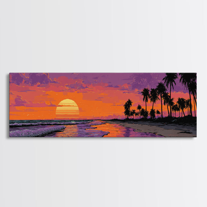 Pixel Tropical Beach Sunset With Palms Wall Art, Retro Coastal Canvas Print, Beach House Decor, Summer Travel Poster Gift