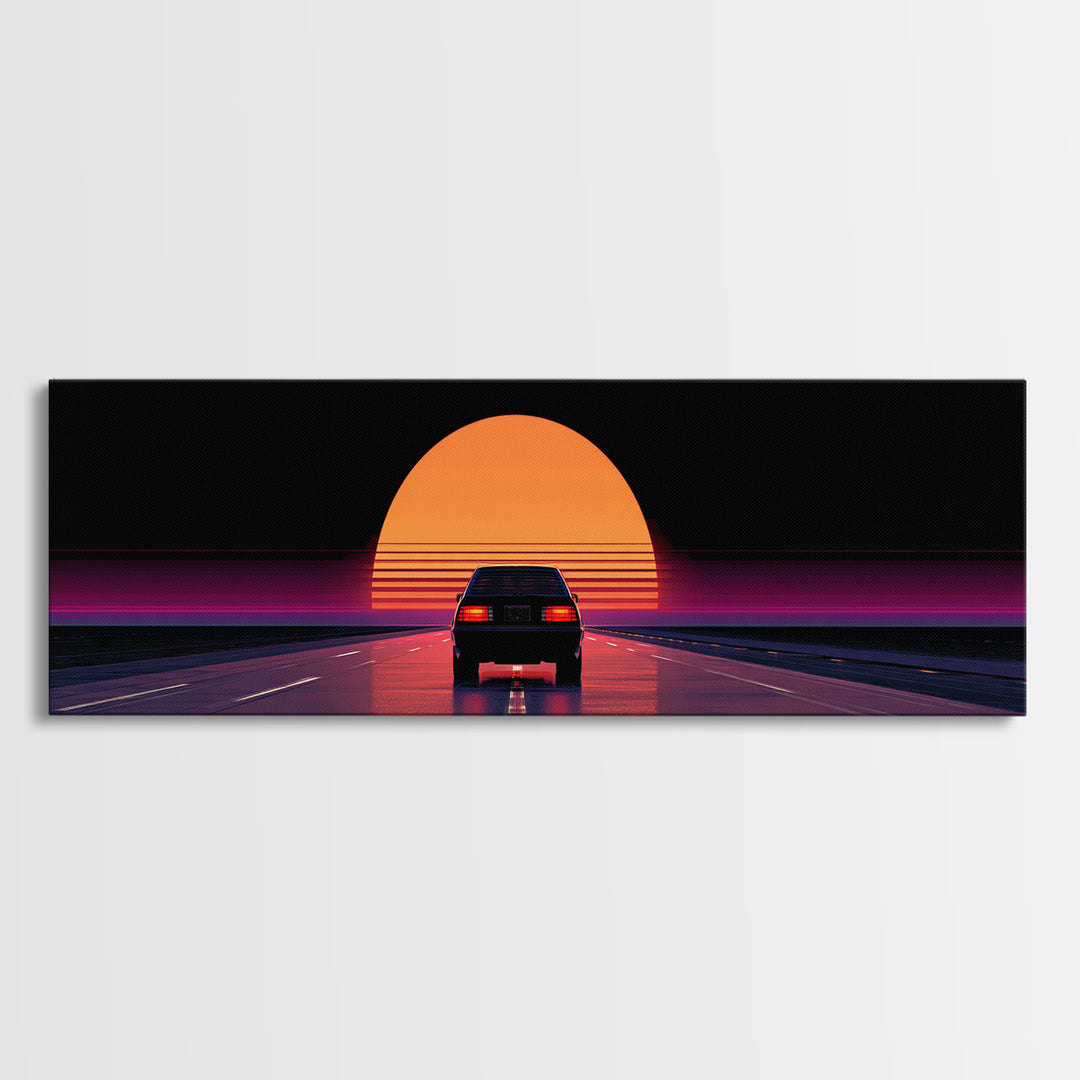 Retro Car Driving Into Striped Sunset, Synthwave Canvas Print, Vaporwave Wall Art, Man Cave Decor, Gift For Him, Retro Poster