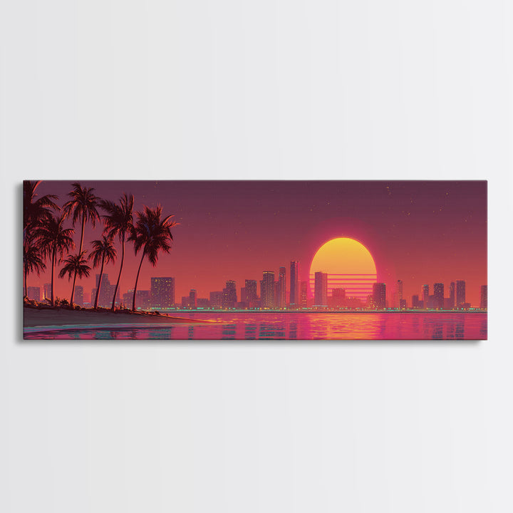 Retro Sunset City Skyline With Palm Trees Canvas Print, Synthwave Wall Art, Coastal Decor, Vaporwave Living Room Wall Decor