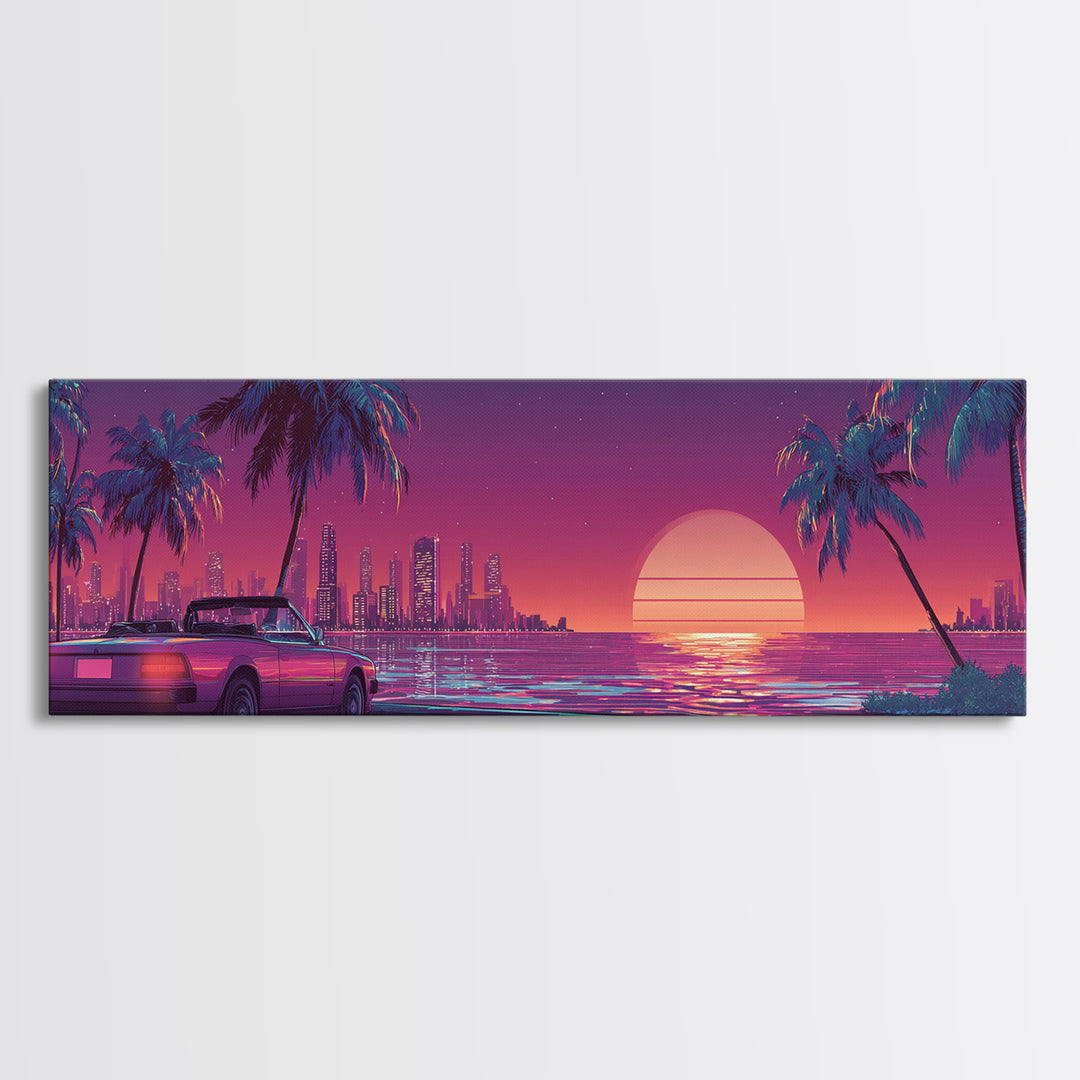 Neon Retro Sports Car On Palm Coast Canvas Print, Vaporwave City Wall Art, Synthwave Decor, Gift For Him, Man Cave Decor