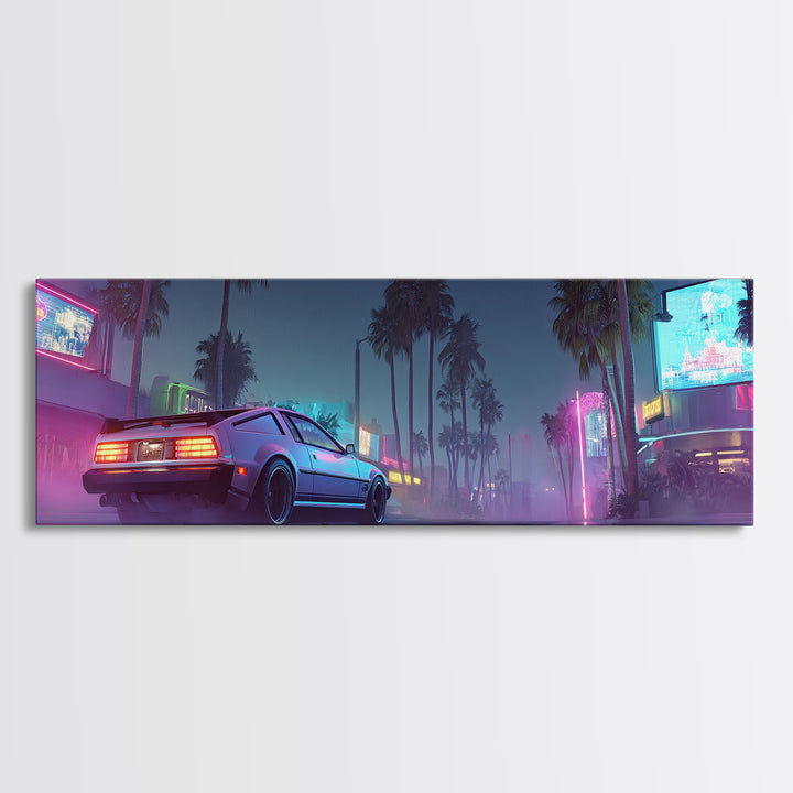 Neon Cyberpunk Sports Car Canvas Print, Futuristic Neon City Wall Art, Synthwave Gaming Room Decor, Vaporwave Gift For Him
