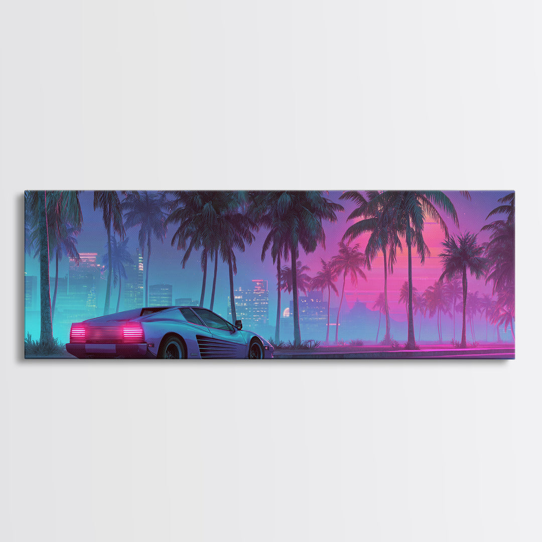 Neon Sports Car Under Palm Trees Wall Art, Cyberpunk Cityscape Canvas, Retro Futurism Decor, Gaming Room Wall Decor, Home Decor