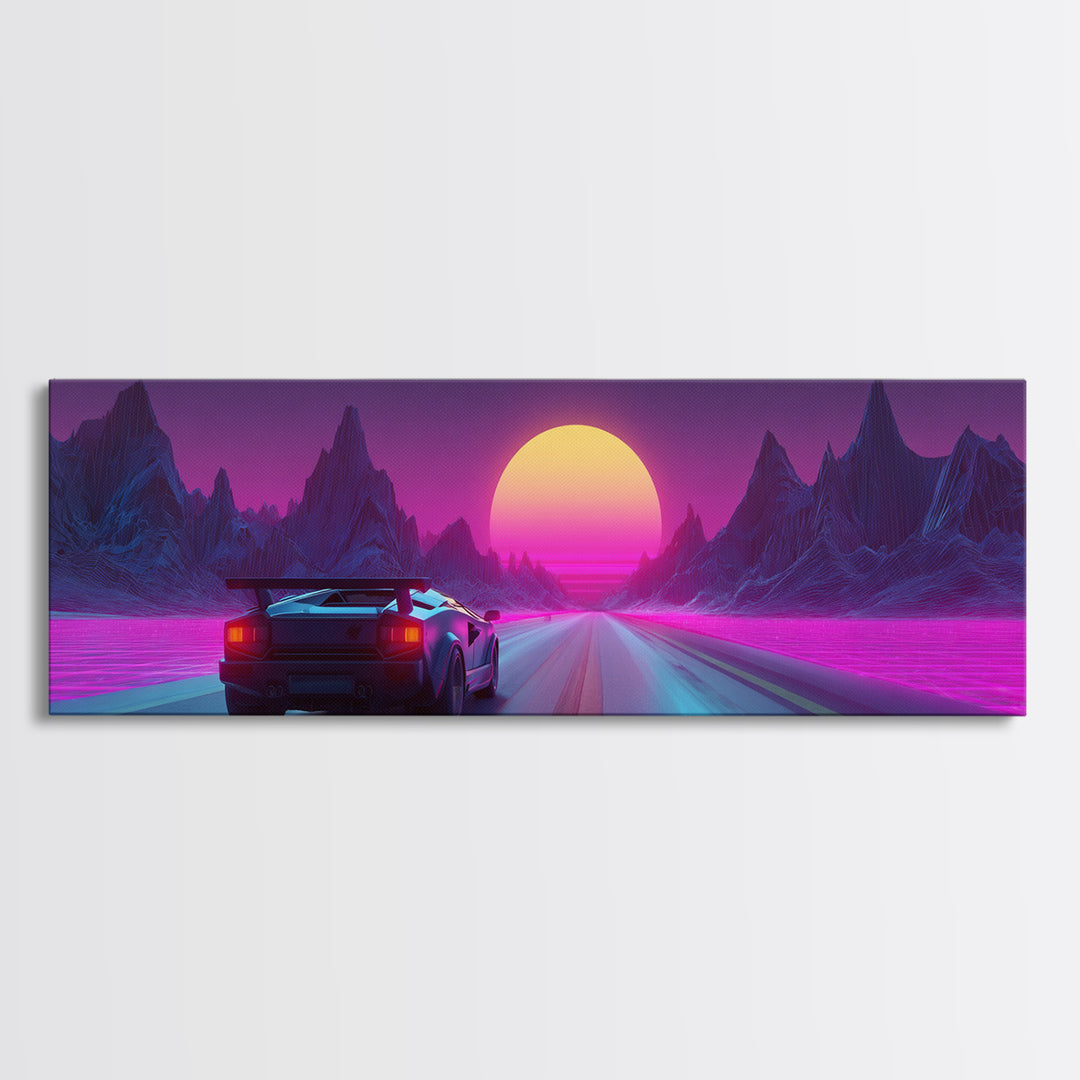 Neon Sports Car On Synthwave Highway Canvas Print, Retro Futuristic Wall Art, Cyberpunk Decor, Vaporwave Gaming Room Art
