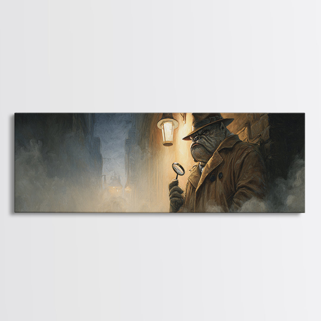 Noir Frog Detective In Foggy Alley Framed Canvas Print, Dark Academia Wall Art, Whimsical Animal Office Decor Gift For Him