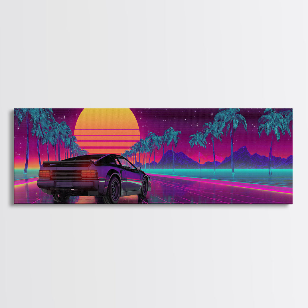 Vaporwave Sports Car Under Neon Palms Canvas Print, Retro Futuristic Wall Art, 80s Synthwave Decor, Gamer Room Poster, Modern Wall Decor