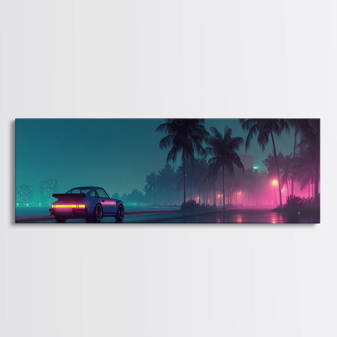 Neon Cyberpunk Sports Car Wall Art, Rainy Palm City Canvas Print, Futuristic Vaporwave Decor, Modern Gaming Room Gift For Him