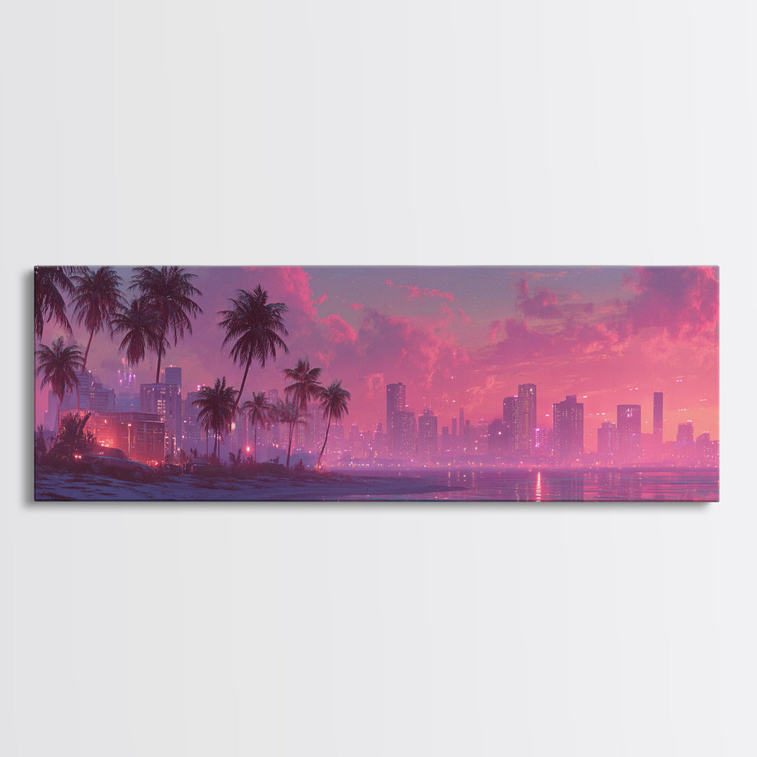 Pink Coastal City Beach Wall Art, Palm Skyline Canvas Print, Tropical Ocean Decor, Miami Style Poster, Modern Living Room Decor