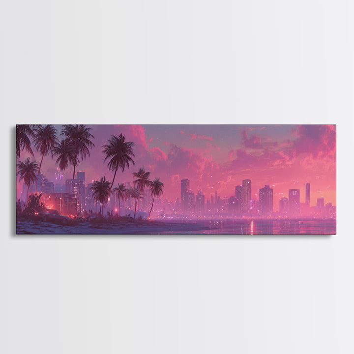 Pink Coastal City Beach Wall Art, Palm Skyline Canvas Print, Tropical Ocean Decor, Miami Style Poster, Modern Living Room Decor