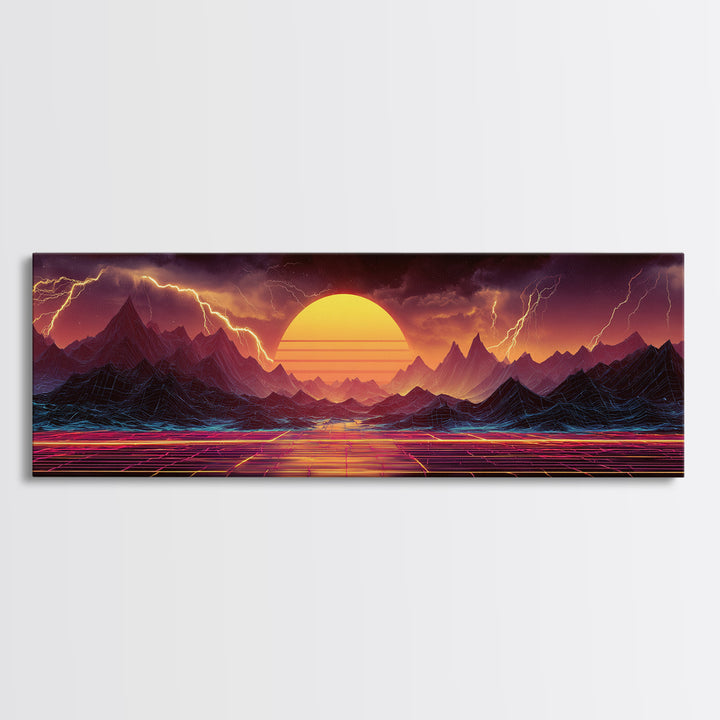 Neon Storm Mountains With Grid Sunset Wall Art, Retro Futuristic Canvas Print, Lightning Landscape For Gaming Room Decor