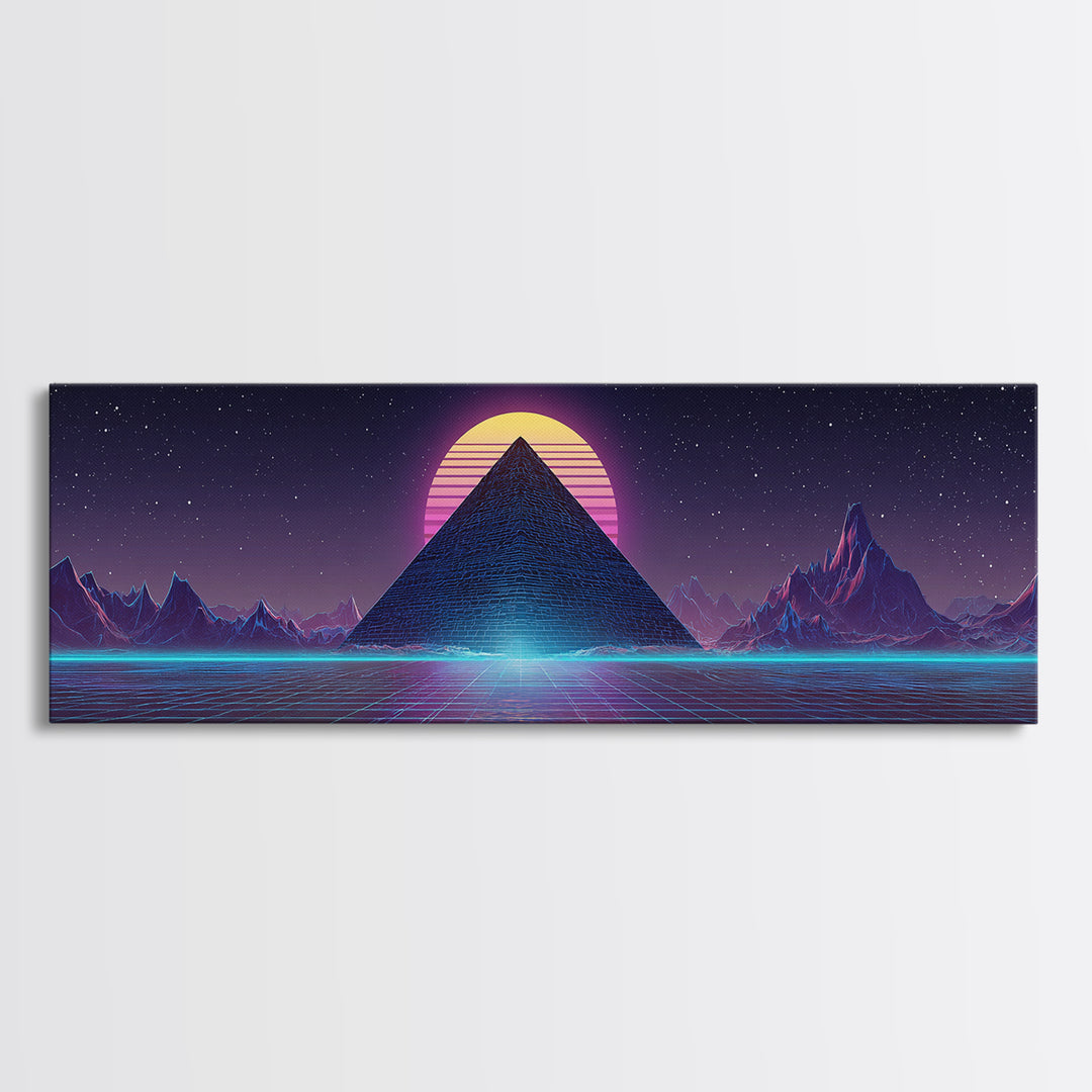 Neon Synthwave Pyramid Starfield Canvas Print, Futuristic Wall Art, Cyberpunk Decor, Retro Sci Fi Poster, Gaming Room Art
