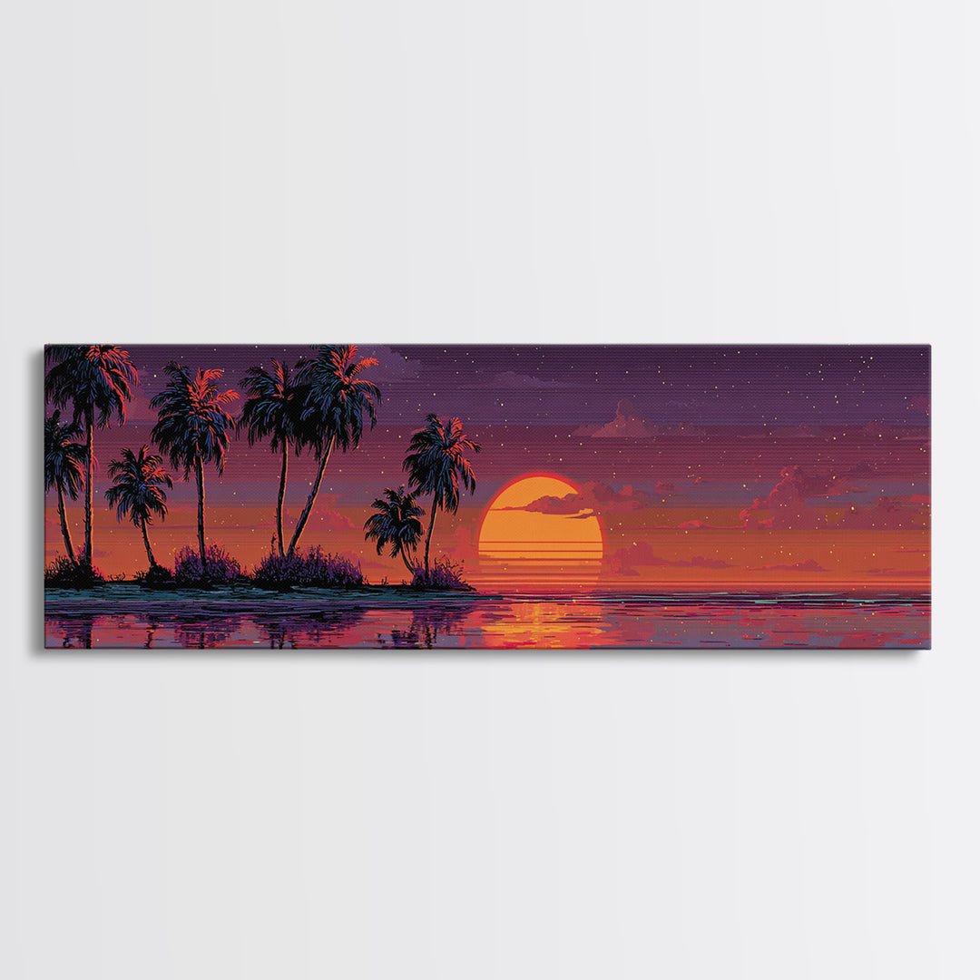 Pixel Tropical Island Wall Art, Sunset Palm Trees Over Ocean, Vibrant Retro Coastal Decor, Beach House Panoramic Canvas Print
