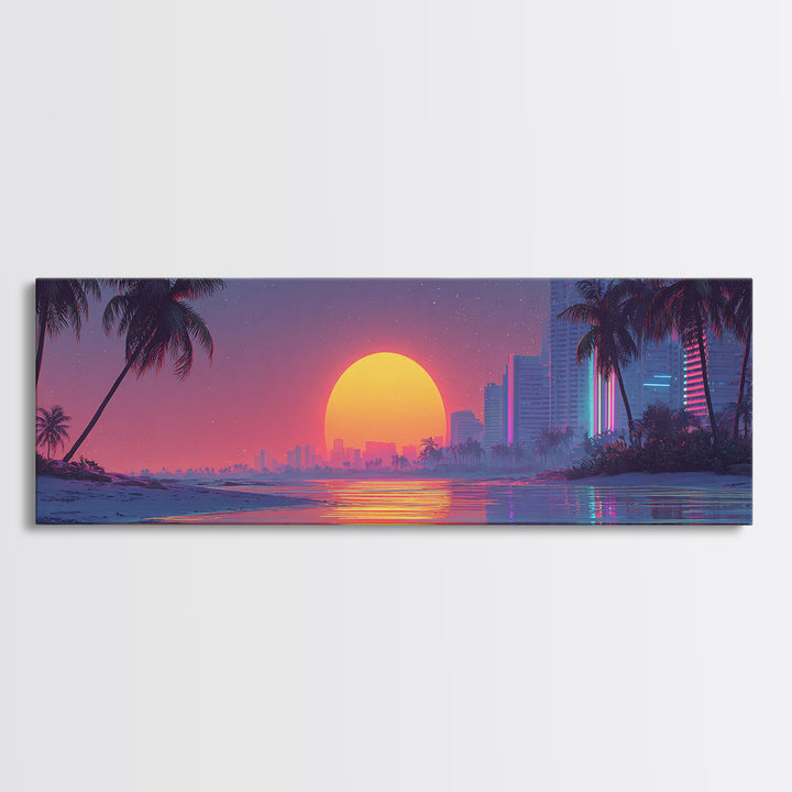 Retro Tropical Sunset Beach Wall Art, Neon Coastal Cityscape Canvas Print, Palm Tree Decor, Vaporwave Modern Bedroom Poster