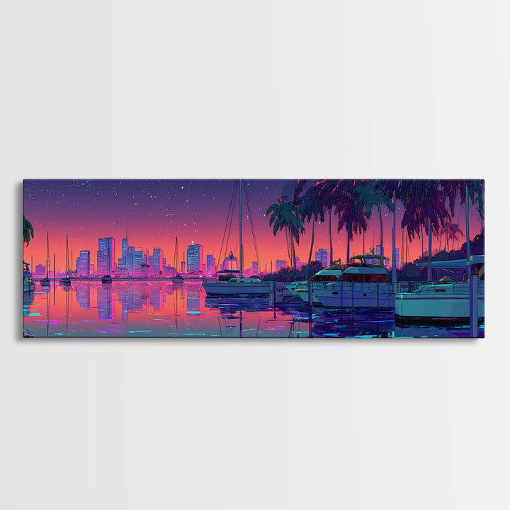 Neon Marina Skyline With Palm Trees Framed Canvas Print, Coastal City Wall Art, Miami Beach House Decor, Tropical Travel Poster