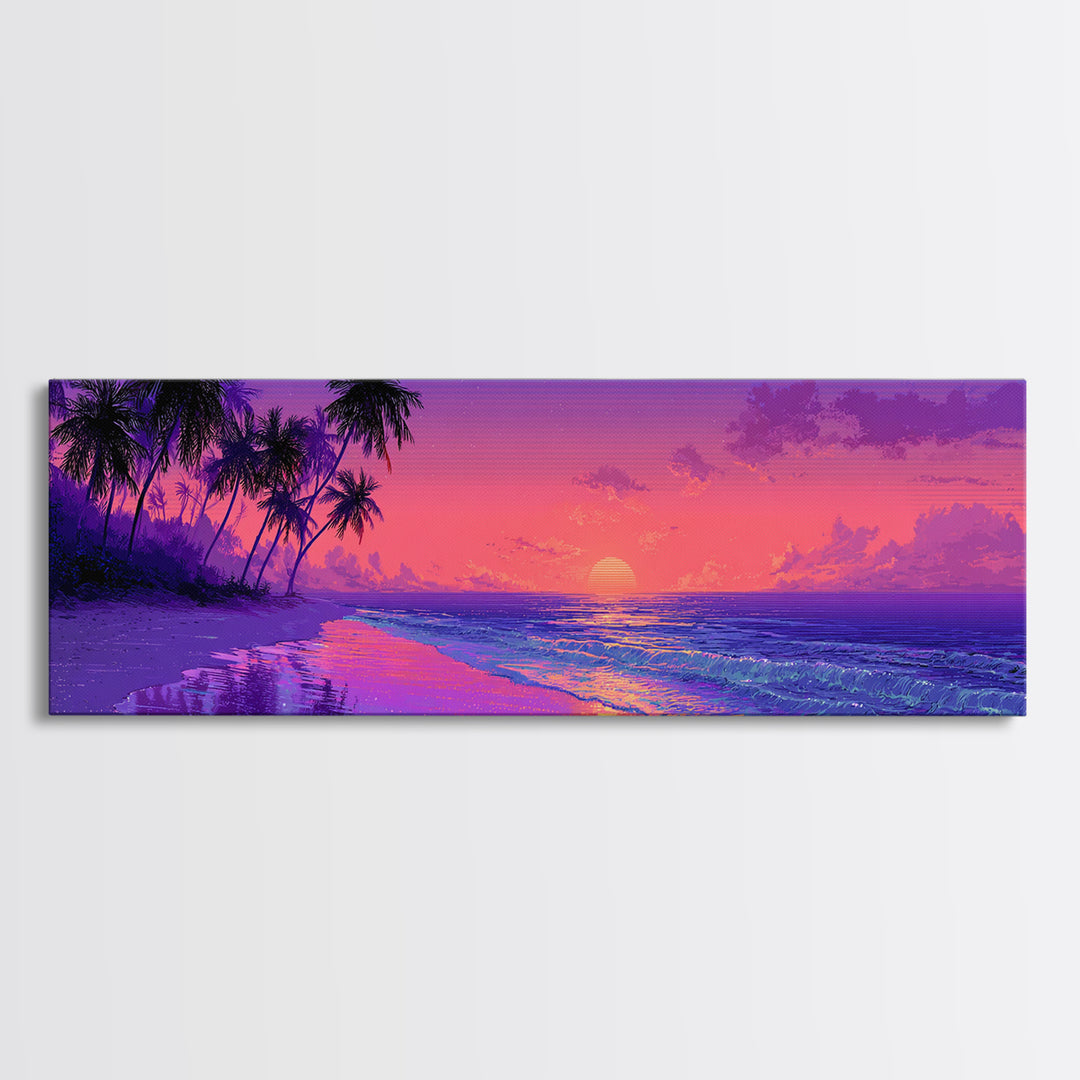 Purple Tropical Beach Sunset Canvas Print, Coastal Wall Art, Palm Tree Ocean Decor, Beach House Decor, Summer Bedroom Art