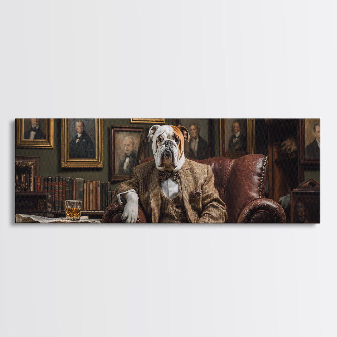 Aristocratic Bulldog In Library Chair Wall Art, Funny Animal Portrait Canvas Print, Dark Academia Office Decor Gift For Him