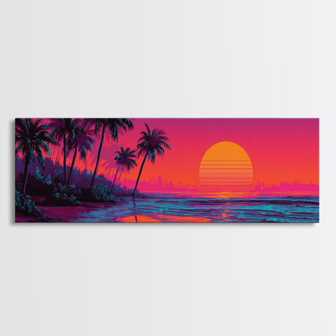 Synthwave Palm Beach Sunset Wall Art, Retro Tropical Ocean Canvas Print, Neon Coastal Decor, Colorful Summer Room Poster