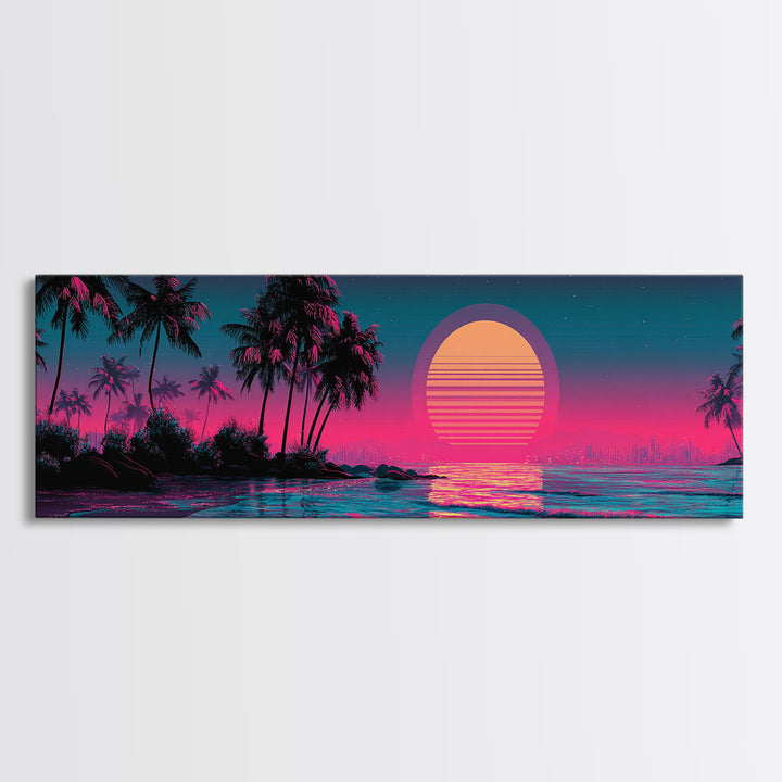 Neon Tropical Palm Sunset Canvas Print, Synthwave Beach Wall Art, Vaporwave Poster, Coastal Decor, Pink Blue Room Decor, Trendy Wall Decor