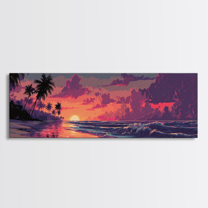 Tropical Palm Beach Sunset Wall Art, Coastal Home Decor, Ocean Wave Print, Beach House Canvas, Summer Living Room Decor Gift