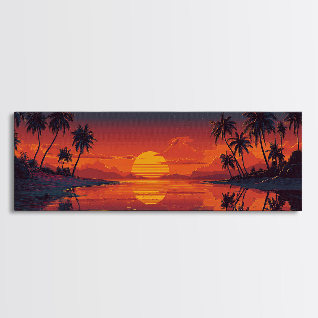 Retro Tropical Sunset Lagoon Wall Art, Pixel Beach Canvas Print, Palm Tree Decor, Coastal Wall Art, Vibrant Wall Decor, Home Decor