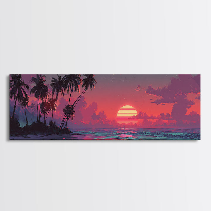 Tropical Island Sunset Canvas Print, Retro Beach Wall Art, Palm Tree Ocean Decor, Modern Coastal Bedroom Poster, Summer Vibes