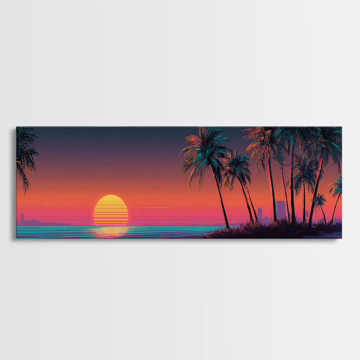 Retro Neon Beach Sunset With Palm Trees Wall Art, Synthwave Coastal Canvas Print, Tropical Ocean Decor, Large Panoramic Living Room Art