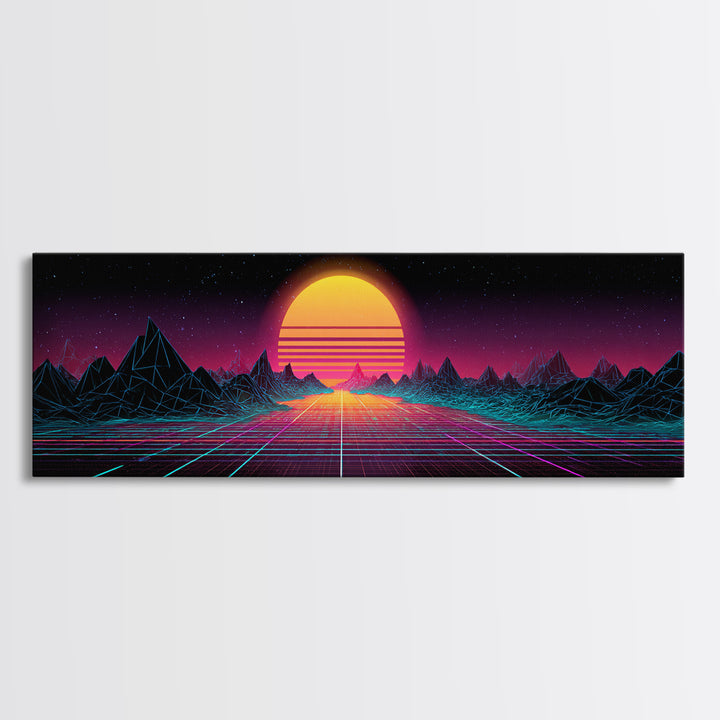 Retro Synthwave Sunset Mountain Wall Art, Vaporwave Canvas Print For Gaming Room Decor, Neon 80s Poster And Dorm Decor Gift