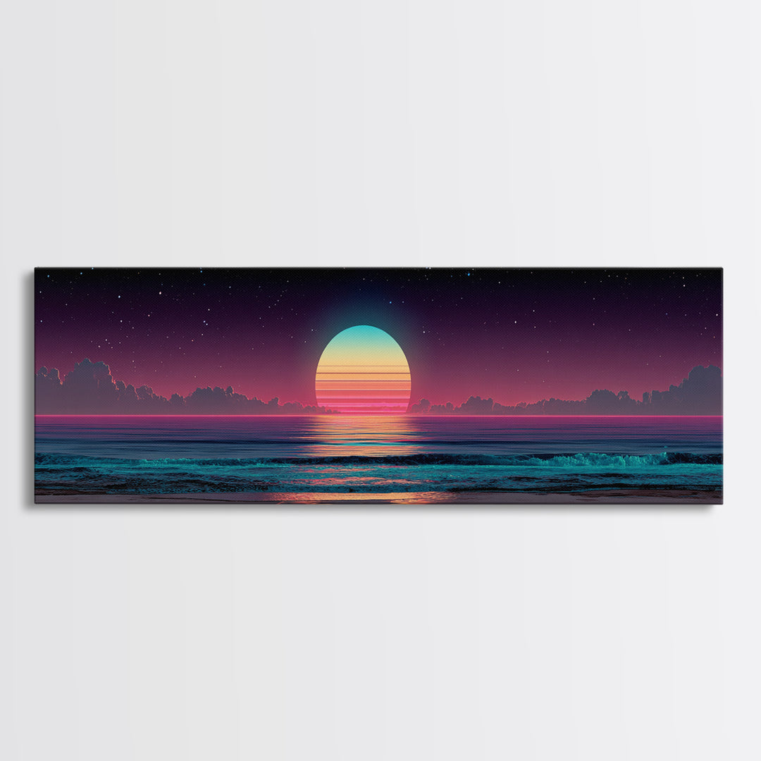 Retro Cosmic Ocean Sunset Canvas Print, Neon Beach Wall Art, Synthwave Seascape, Coastal Decor, Bedroom Poster, Home Decor