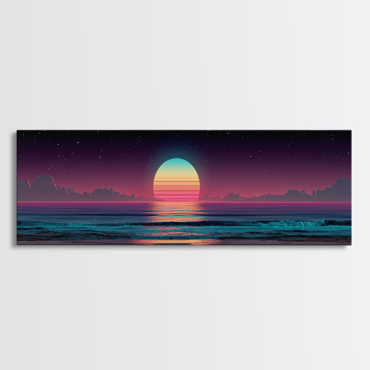 Retro Cosmic Ocean Sunset Canvas Print, Neon Beach Wall Art, Synthwave Seascape, Coastal Decor, Bedroom Poster, Home Decor