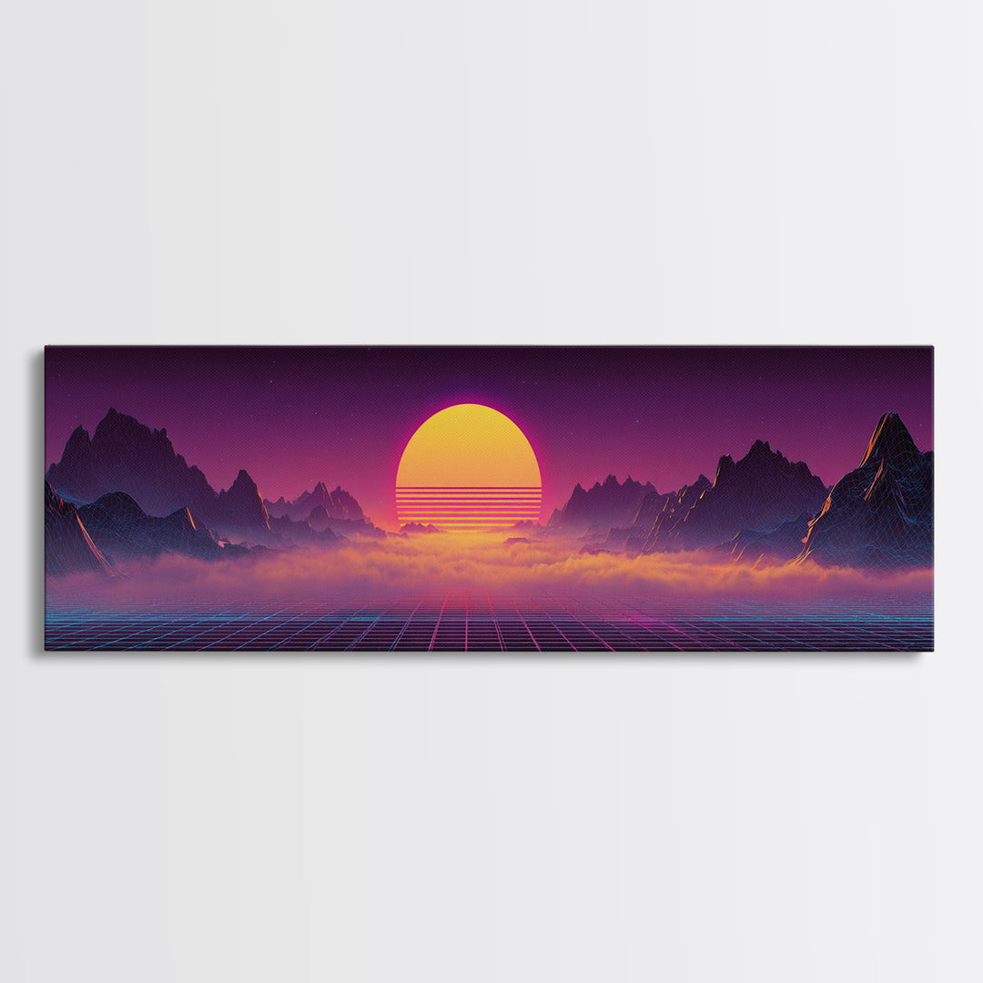 Neon Retro Futuristic Sunset Wall Art, Synthwave Mountain Grid Canvas, Vaporwave Decor, Gaming Room Poster, 80s Art, Cyberpunk Gift