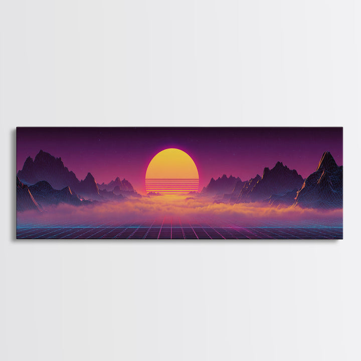 Neon Retro Futuristic Sunset Wall Art, Synthwave Mountain Grid Canvas, Vaporwave Decor, Gaming Room Poster, 80s Art, Cyberpunk Gift