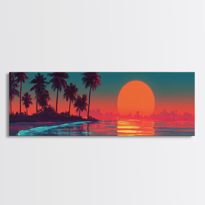 Retro Tropical Sunset Canvas Print, Palm Tree Beach Wall Art, Coastal Decor, Ocean Landscape, Summer Vibes, Large Wall Decor