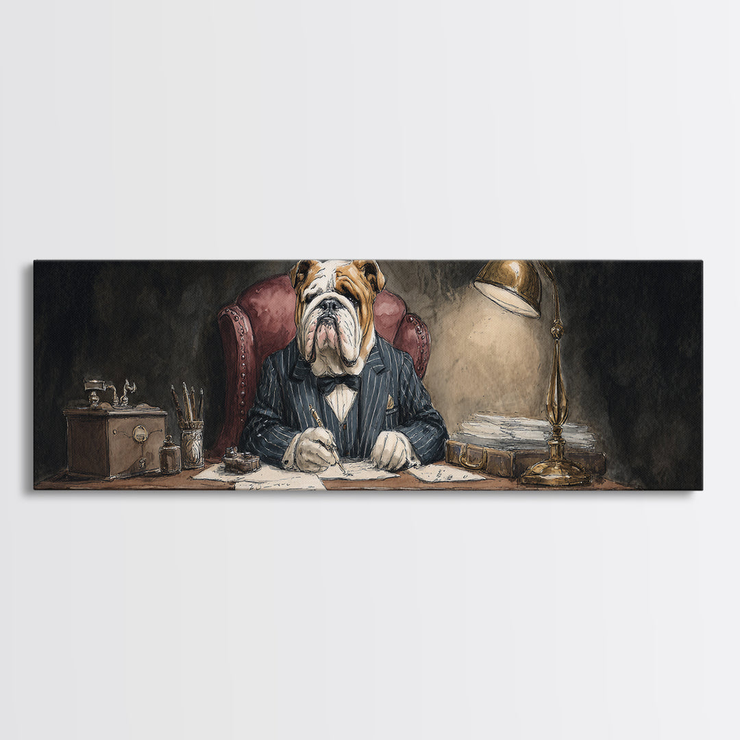 Bulldog Lawyer At Desk Framed Canvas Print, Moody Office Wall Art, Funny Animal Portrait For Law Office Decor Housewarming Gift