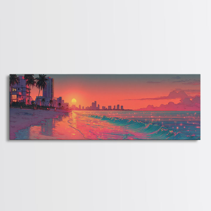 Pixel Art Beach Sunset And Neon Shoreline Wall Art, Miami Coastal Print, Retro Travel Poster, Ocean Decor For Living Room