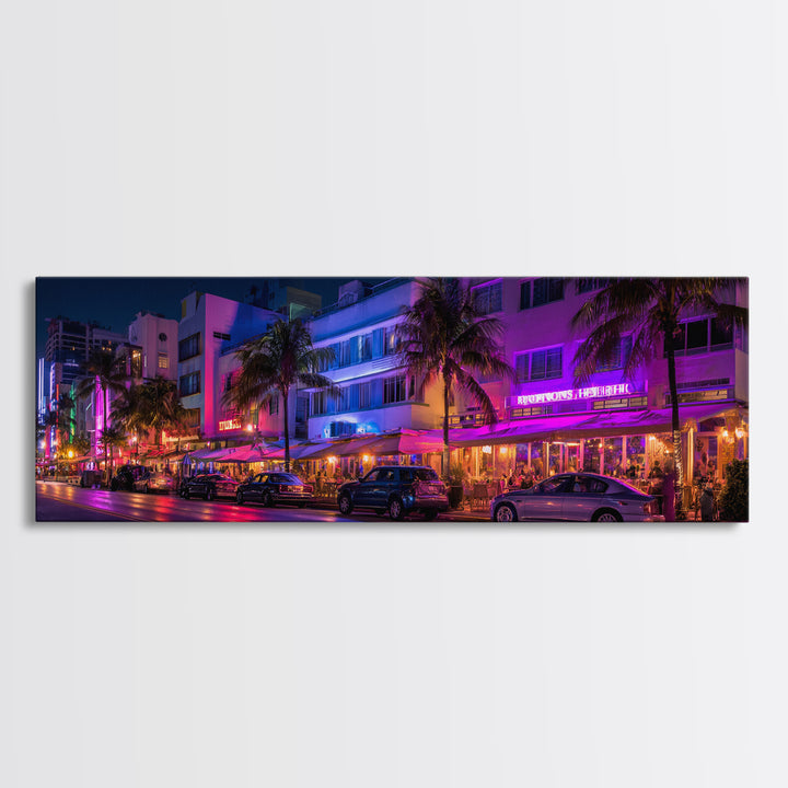 Neon Miami Beach Street Canvas Print, Art Deco Hotel Wall Art, Tropical Nightlife, Travel Poster, Cityscape Home Decor Print