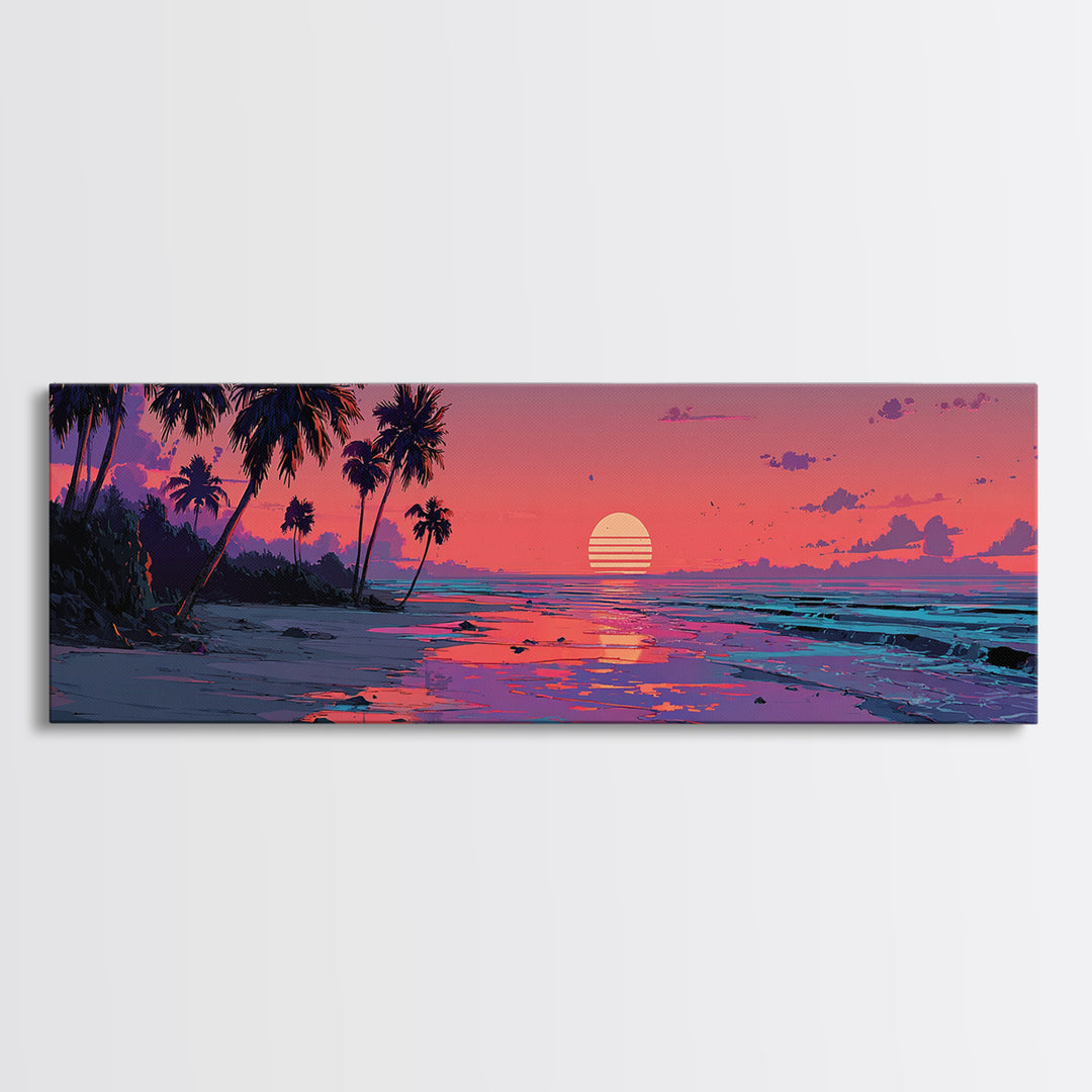 Pink Tropical Island Sunset With Palms Canvas Print, Beach Wall Art, Coastal Home Decor, Ocean Poster, Summer Gift For Her