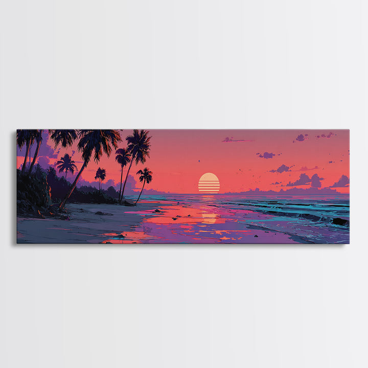 Pink Tropical Island Sunset With Palms Canvas Print, Beach Wall Art, Coastal Home Decor, Ocean Poster, Summer Gift For Her