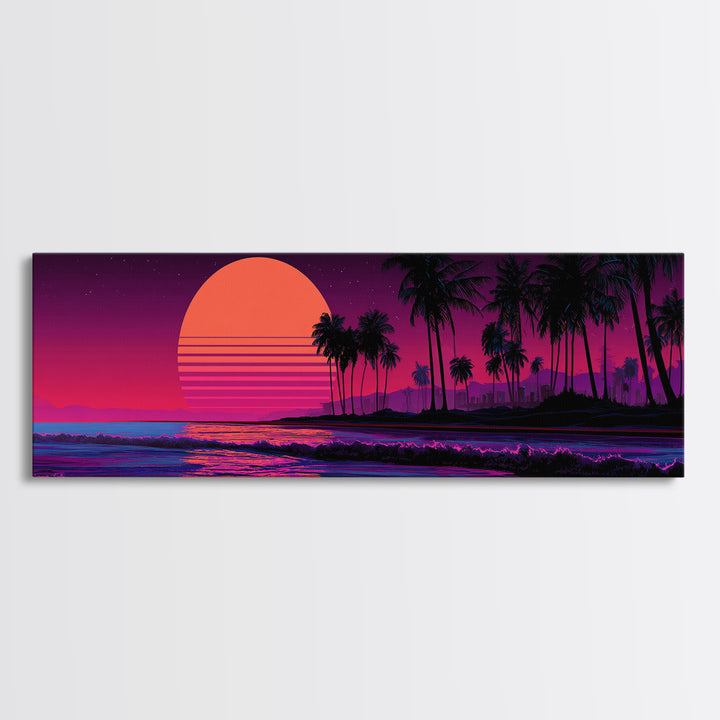 Neon Tropical Palm Sunset Canvas Print, Retro Beach Wall Art, Synthwave Coastal Decor, Vibrant Living Room Poster, Dopamine Decor Gift