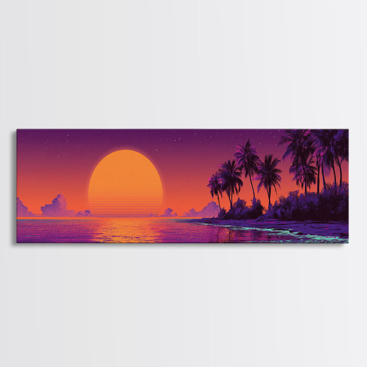 Retro Tropical Sunset Beach Island Wall Art, Purple Ocean Canvas Print, Palm Tree Vaporwave Decor, Coastal Summer Gift For Her