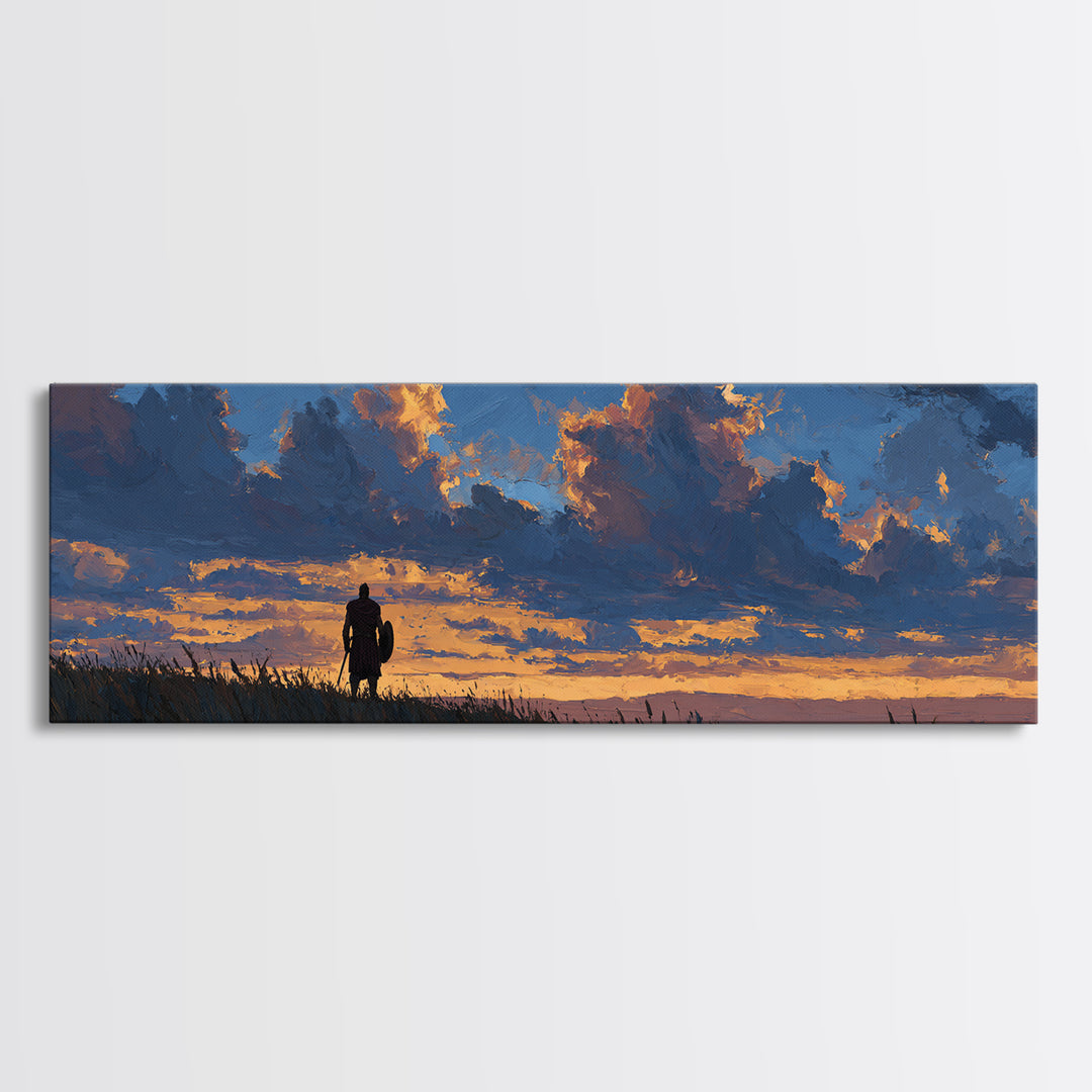 Dramatic Lone Figure Under Fiery Clouds Wall Art, Moody Sunset Landscape Canvas Print, Rustic Nature Decor, Gift For Him Or Her