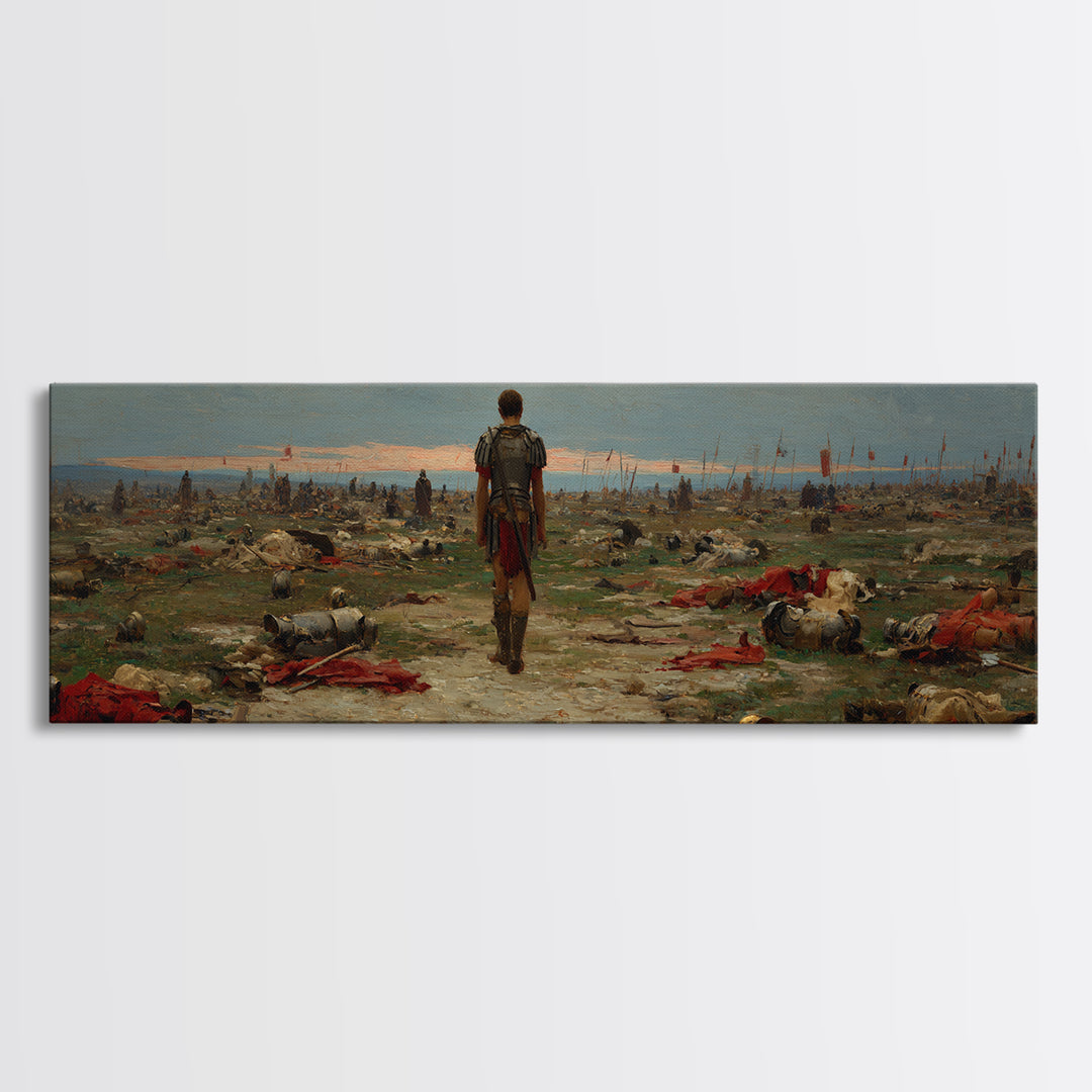 Lone Soldier Crossing Battlefield Wall Art, Panoramic Historical Landscape Canvas Print, Masculine Office Living Room Decor