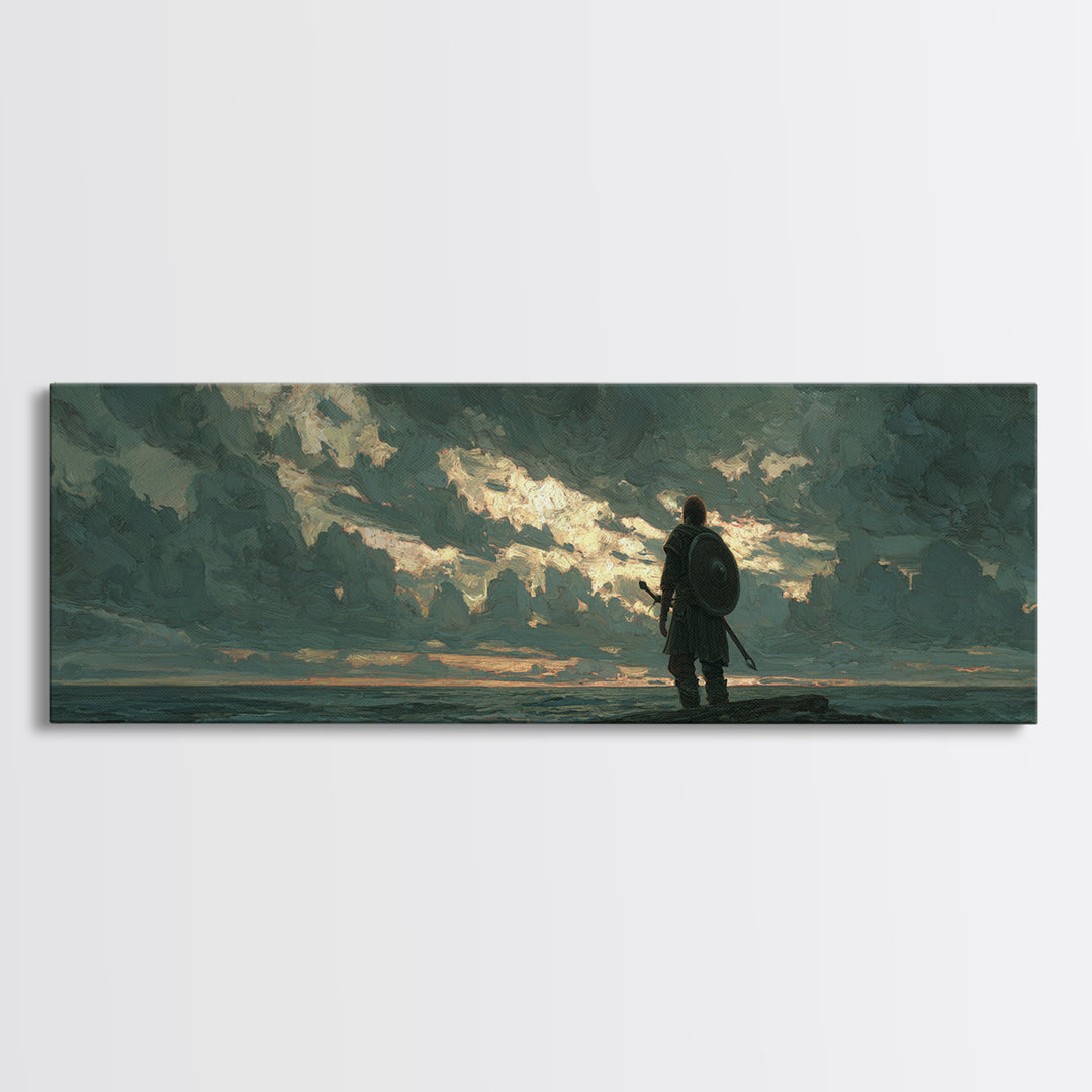 Lone Shield Warrior Under Stormy Coastal Sky Wall Art, Moody Seascape Landscape Print, Masculine Office Decor Gift For Him