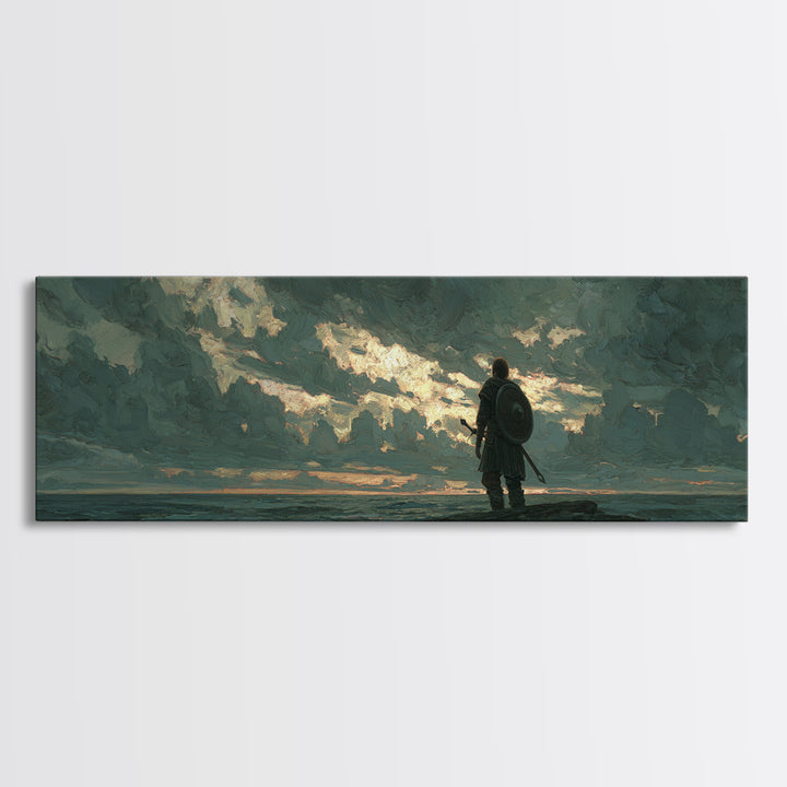 Lone Shield Warrior Under Stormy Coastal Sky Wall Art, Moody Seascape Landscape Print, Masculine Office Decor Gift For Him
