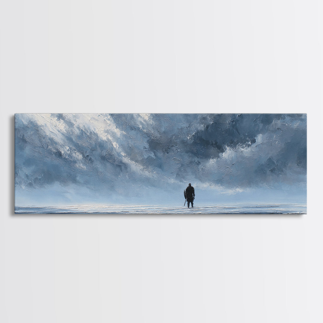 Lone Figure In Icy Storm Canvas Print, Blue Abstract Seascape Wall Art, Moody Ocean Landscape For Modern Living Room Decor