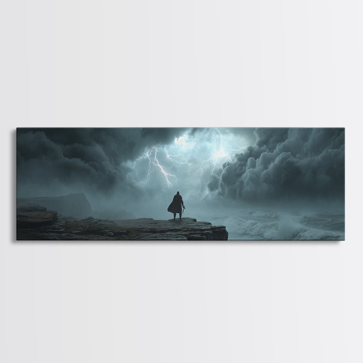 Cloaked Wanderer Under Lightning Canvas Print, Dark Storm Seascape Wall Art, Fantasy Landscape Decor, Moody Office Art Print