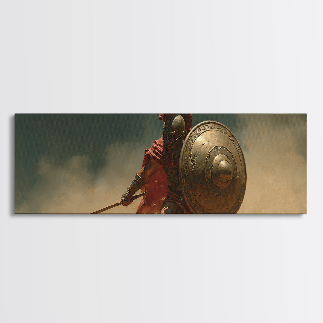 Spartan Warrior With Bronze Shield Canvas Print, Ancient Greek Battle Wall Art, Historical Decor, Masculine Gift For Him
