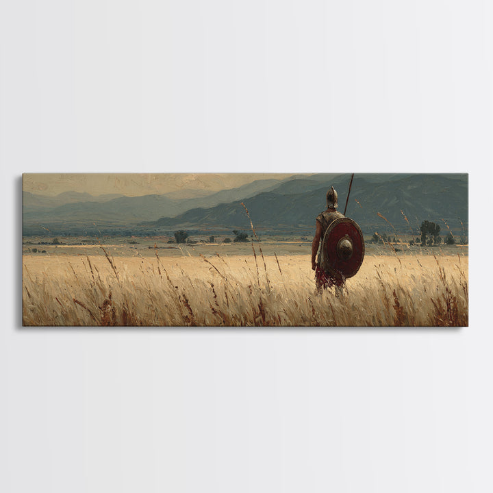 Lone Spearman In Golden Field Canvas Print, Ancient Warrior Landscape, Rustic Wall Art, Historical Decor, Long Horizontal Art