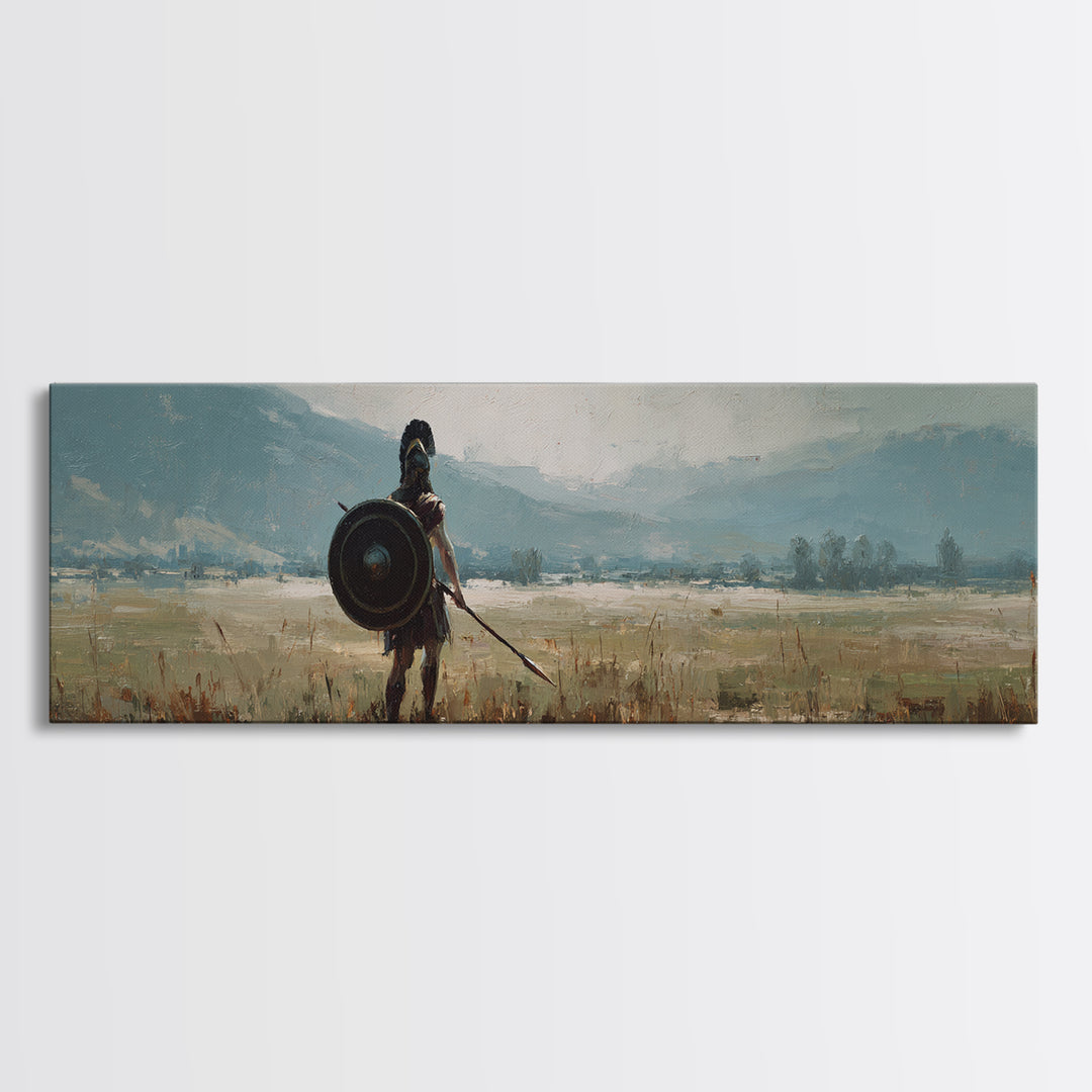 Lone Shield Warrior Landscape Wall Art, Viking Fantasy Canvas, Mountain Battlefield Print, Rustic Medieval Home Decor Gift