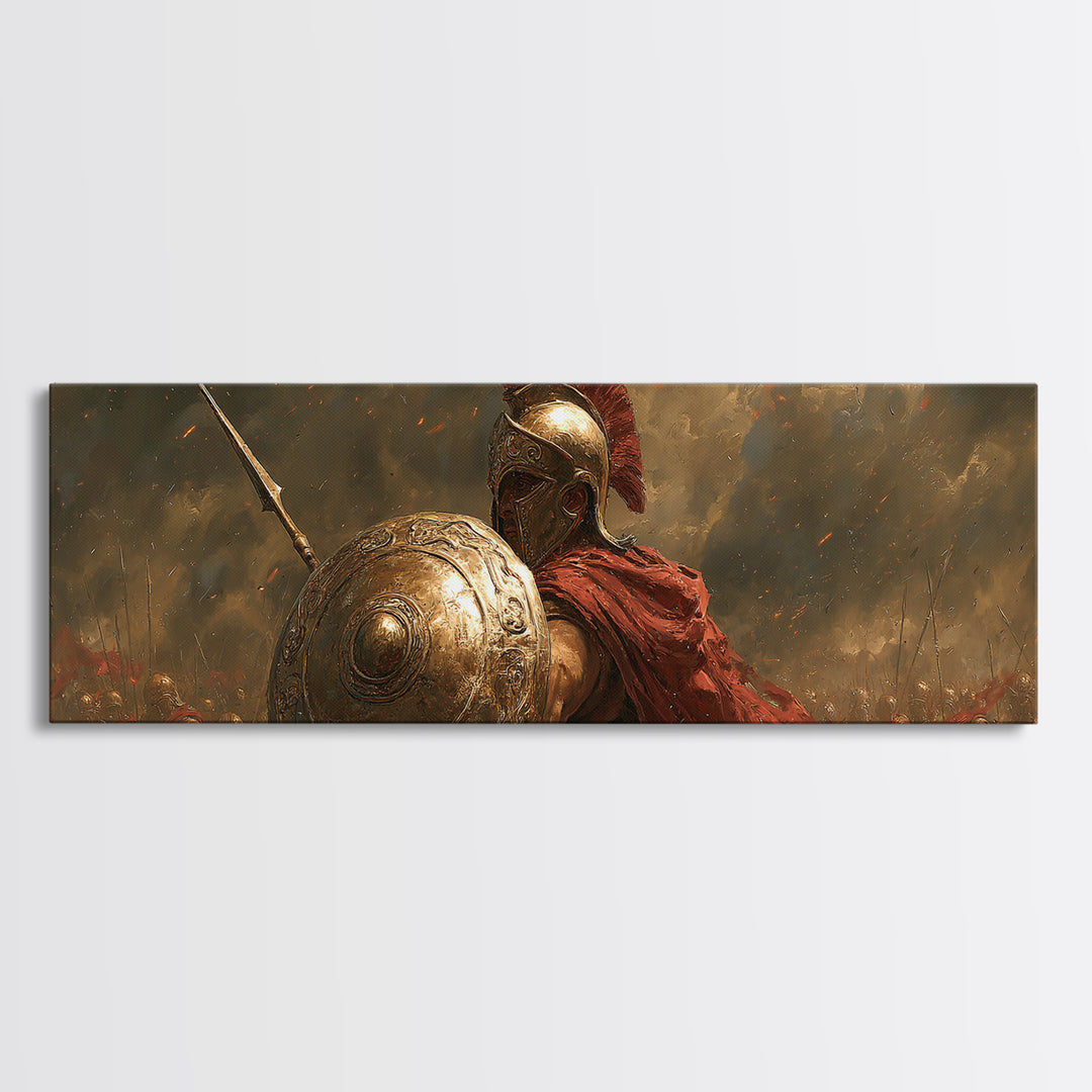 Golden Spartan Warrior With Shield Framed Canvas Print, Greek Mythology Wall Art, Ancient Battle Decor, Gift For Him, Masculine Office Decor