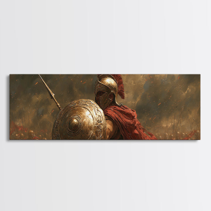 Golden Spartan Warrior With Shield Framed Canvas Print, Greek Mythology Wall Art, Ancient Battle Decor, Gift For Him, Masculine Office Decor